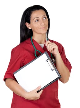Happy doctor woman with clipboard in blank thinking isolated on white background