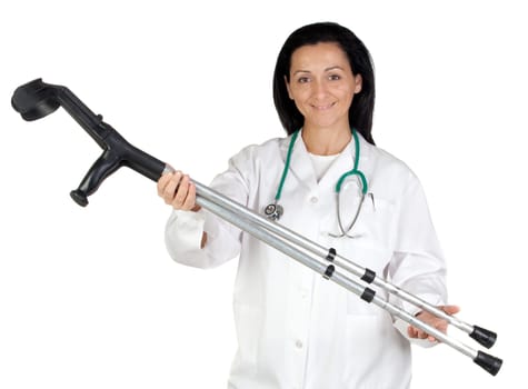 Brunette medical offering a pair of crutches on a white background