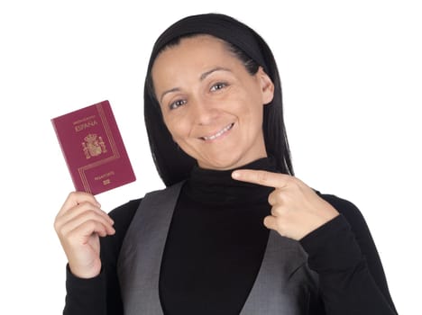 Beautiful and happy woman with a passport isolated on white background