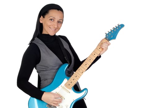 Girl playing electric guitar isolated on white background