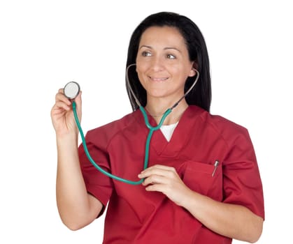Happy doctor woman listening with stethoscope isolated on white background
