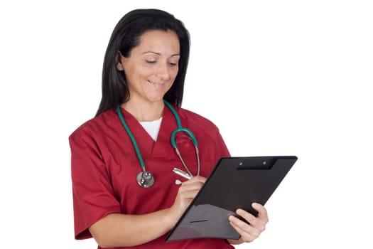 Happy doctor woman with clipboard isolated on white background