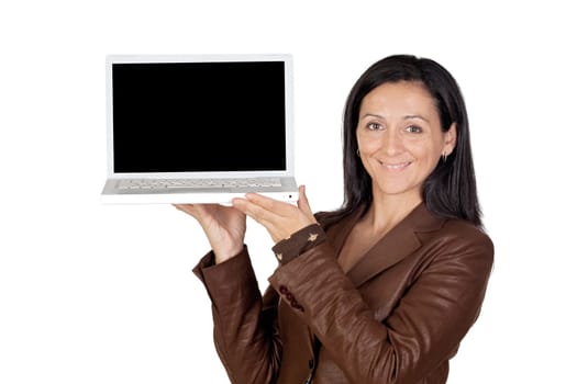 Brunette girl with laptop isolated on white background