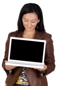Brunette girl with laptop isolated on white background