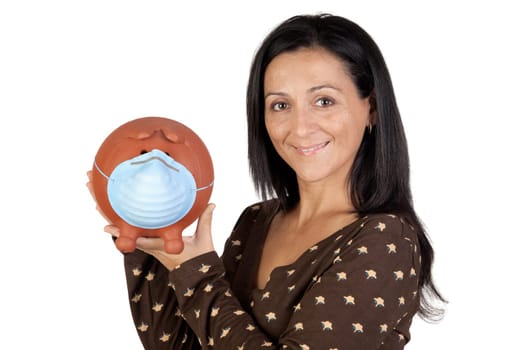 The business of the flu. Woman with piggy bank with a mask