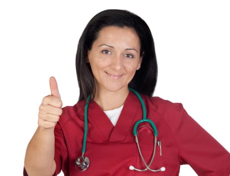 Happy doctor woman saying OK isolated on white background