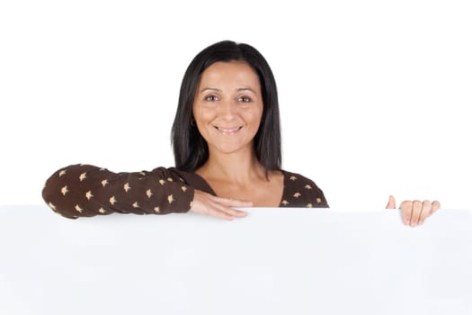 Attractive girl with blank poster isolated on white background
