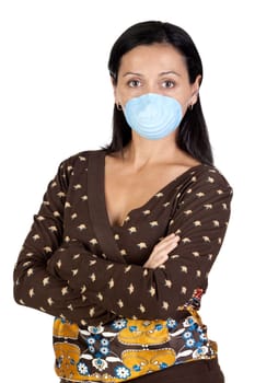 Worried girl with mask isolated over white