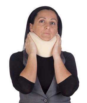 Woman with cervical collar isolated on white background