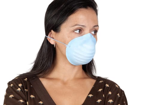 Worried girl with mask isolated over white