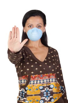 Girl with mask stopping influenza A isolated over white