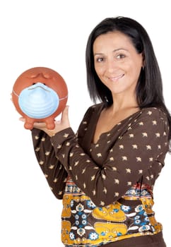 The business of the flu. Woman with piggy bank with a mask