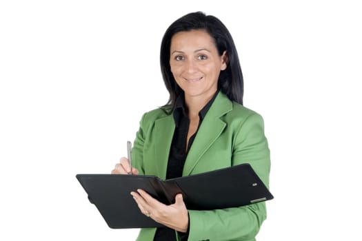 Businesswoman with green jacket isolated on a over white background