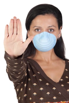 Girl with mask stopping influenza A isolated over white