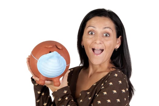 The business of the flu. Woman with piggy bank with a mask