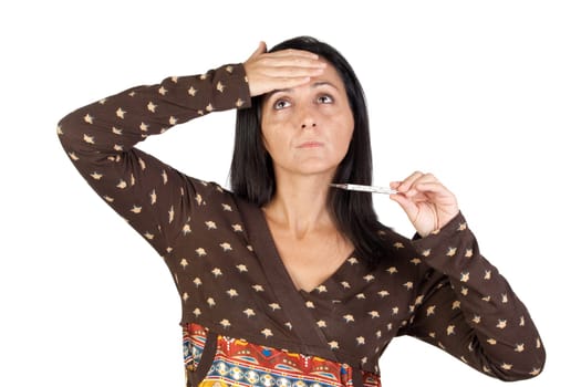 Sick girl with thermometer isolated over white