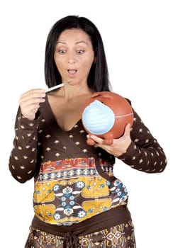 The business of the flu. Woman with thermometer and piggy bank with a mask