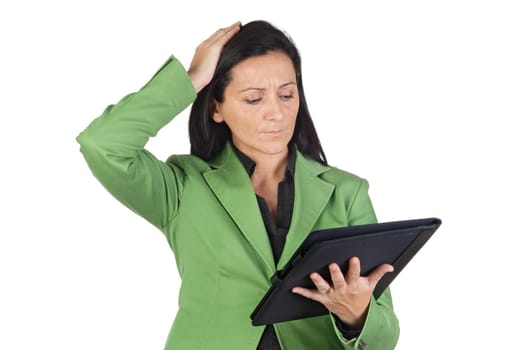 Worried businesswoman reading isolated on a over white background