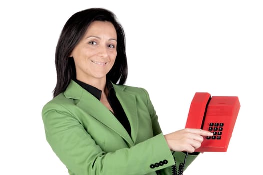 Businesswoman pointing to the keys on a phone isolated on white background
