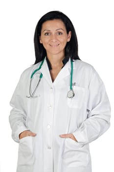Happy doctor woman isolated on white background