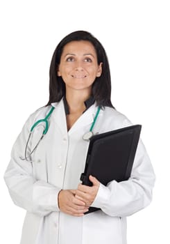 Happy doctor woman isolated on white background