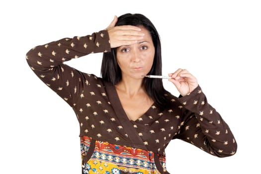 Sick girl with thermometer isolated over white