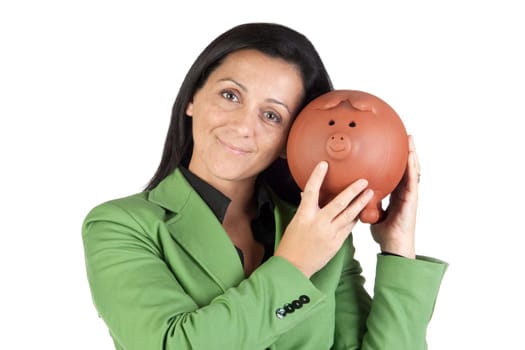 Businesswoman with a moneybox isolated on white background