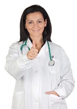 Happy doctor woman saying OK isolated on white background