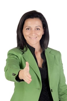 Business woman forging a deal isolated on a over white background