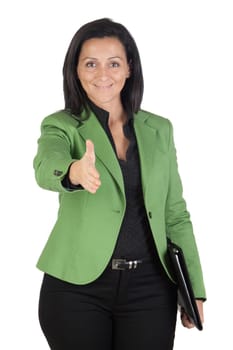 Businesswoman forging a deal isolated on a over white background