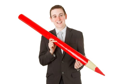 Friendly businessman with red pencil isolated on white background