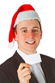 Businessman with Santa hat and business card isolated on white background