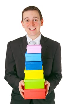 Young man with gifts isolated on white background