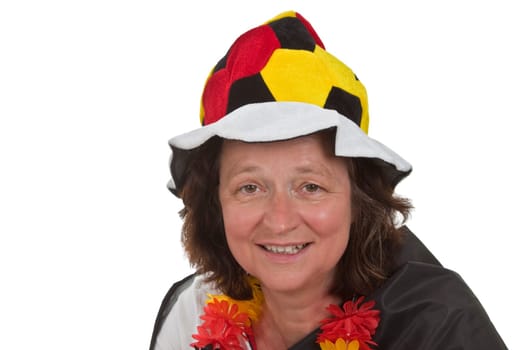 Female football fan on light background