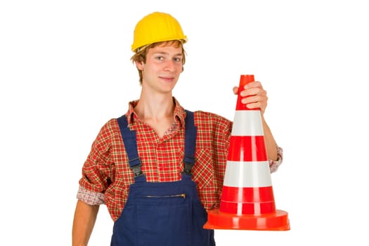 Young worker with traffic traffic cone on white background