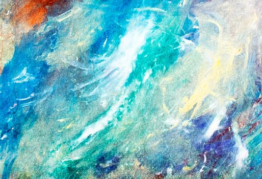 Blue, white, green and yellow with hints of red, purple and orange dance in this abstract painting.