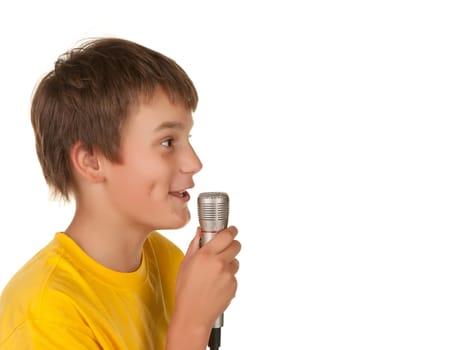 teenage oy delivering a speech isolated on white
