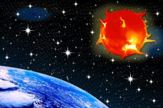 sun stars of the sun against a backdrop of stars with a planet earth aerial view of space