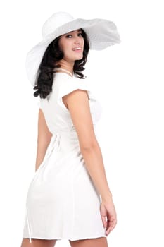 beautiful young fashion woman in white dress and hat