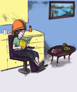 Woman in a beauty parlor sits under hair dryer reading a magazine.  A brown coffee table, yellow cabinets and landscape painting in the background.