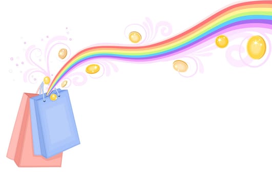 Treasure at the end of the rainbow - shopping bags with gold coins. Isolated over white background.