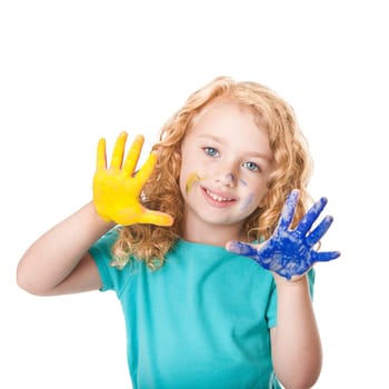 Happy cute little girl playing with hand paint colors being artistic, isolated.