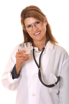 Lovely young and beautiful Doctor or Nurse drinking a glass of milk