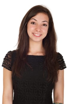 smiling 18 years old young woman in black dress ready for night out (isolated on white background)
