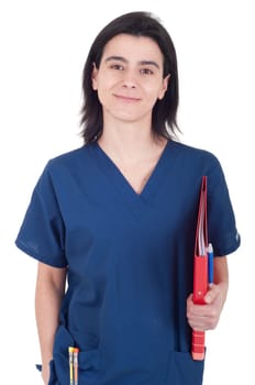 handsome female doctor wearing mask and holding folder isolated on white background