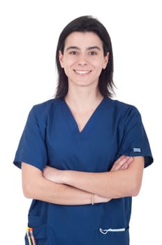 portrait of a smiling young female doctor isolated on white background