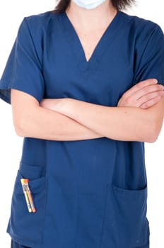 mid section of a young female doctor wearing mask isolated on white background