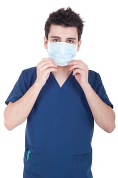 portrait of a young doctor wearing mask isolated on white background