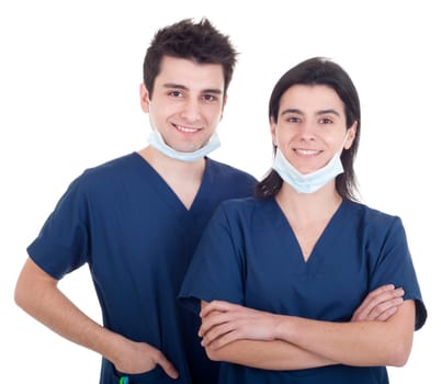 portrait of a team of doctors, man and woman wearing mask and uniform isolated on white background