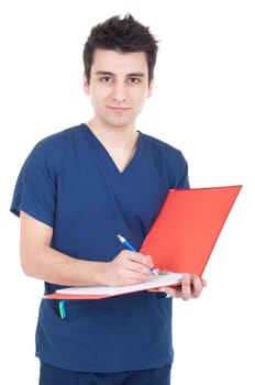 handsome male doctor making a note isolated on white background